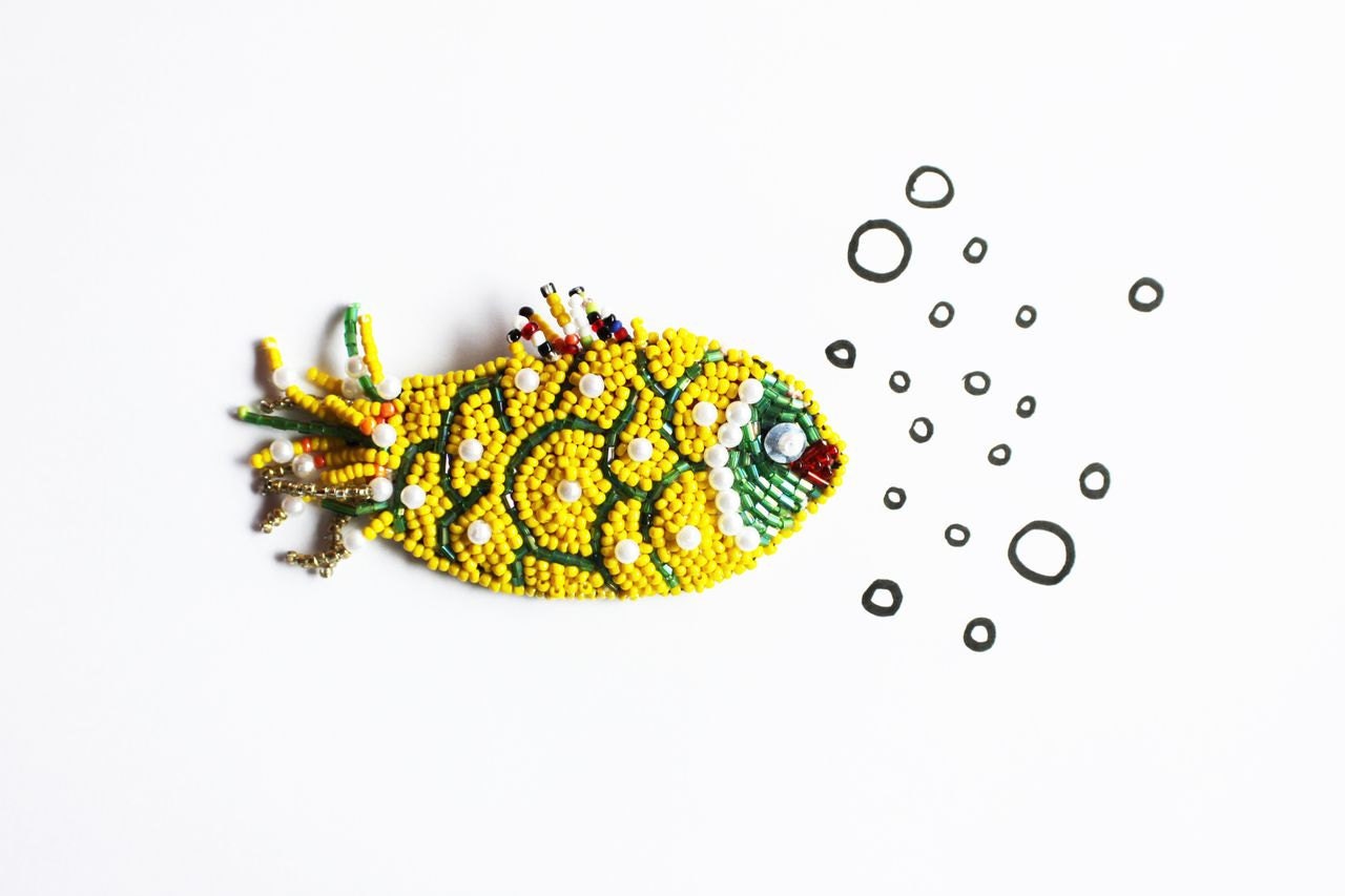 Yellow beaded fish golden fish fairy colourful summer brooch mothers day underwater nautical