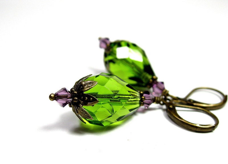 Olive Green and Lilac Vintage Style Earrings