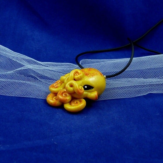 Solar Flare Octopus Necklace - Yellow Polymer Clay Cephalopod Jewelry