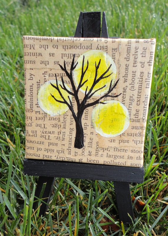 Mini painting and easel-Collage and acrylic tree with suns on canvas