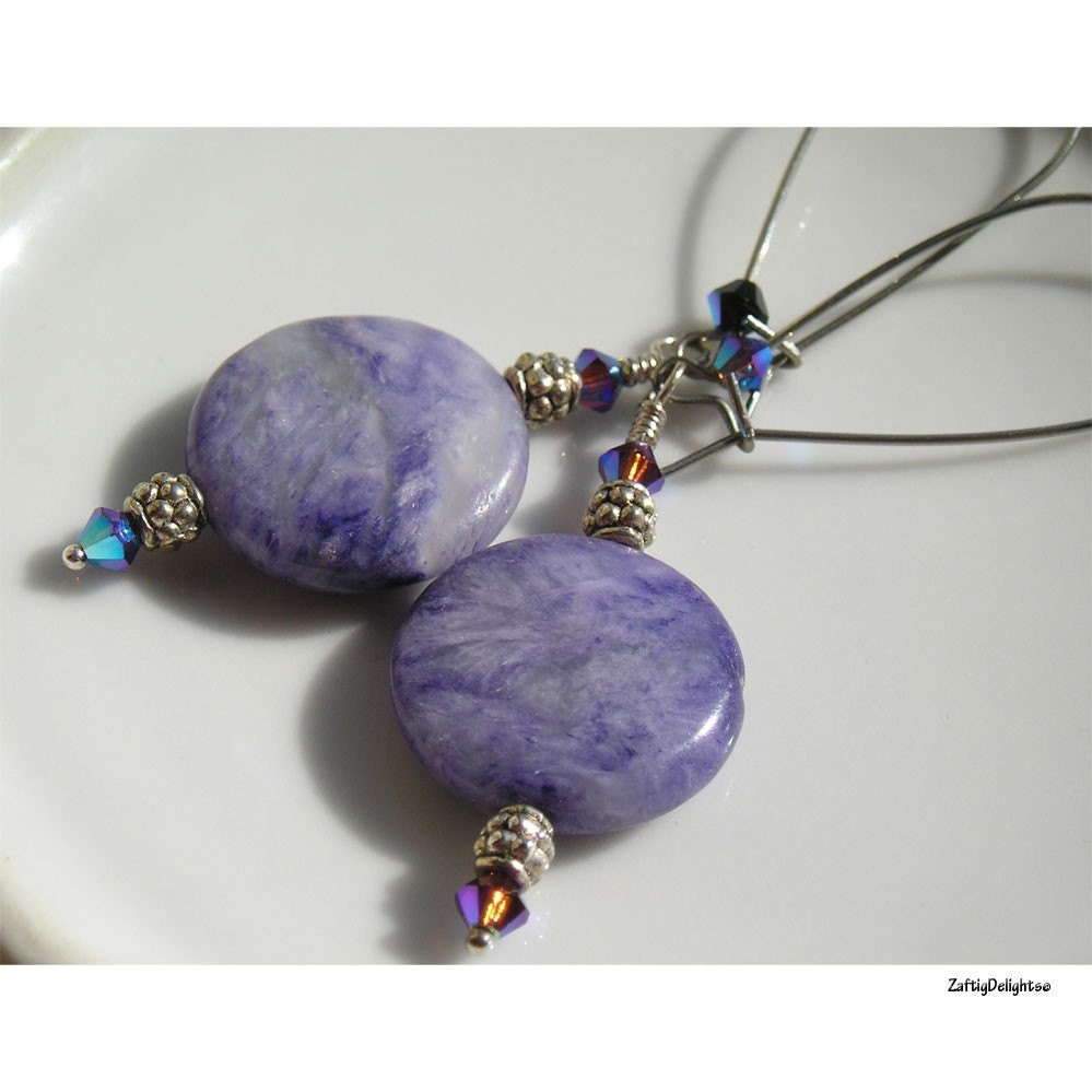 Earrings Purple Dyed Turquoise Coin Beads Extra Long Kidney Wires Swarovski Crystals