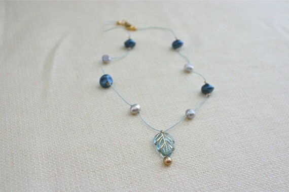 Photo: Blue and Silver Grey Gold Leaf Knotted Silk Necklace - Navy, Gray Freshwater Pearls, Gold Blue Leaf Pendant, Vintage Beads by andreaturinijewelry
