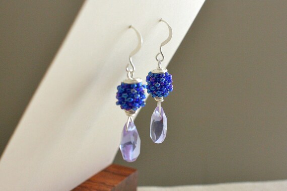 Photo: Beaded Bead Dangle Earrings with Glass Drops - Silver, Blue, Rainbow, Purple, Iris, Wire Wrapped by andreaturinijewelry