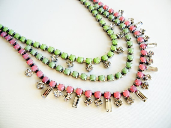 Vintage 1950s One Of A Kind Hand Painted Pale Pink and Mint Rhinestone Necklace