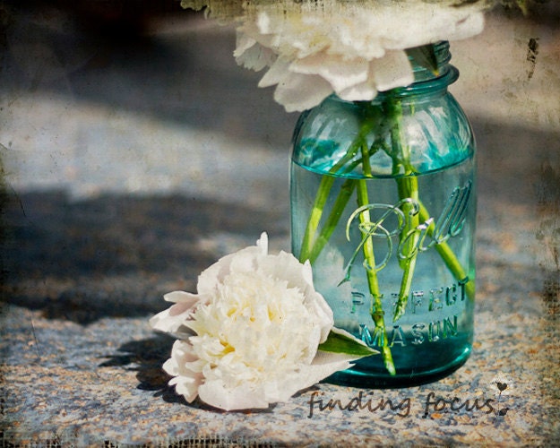 Mason Jar Peonies - Aqua Blue Mason Jar with a White Peony & Bouquet on a Distressed and Aged Slate Blue Background - 8x10 Fine Art Photo