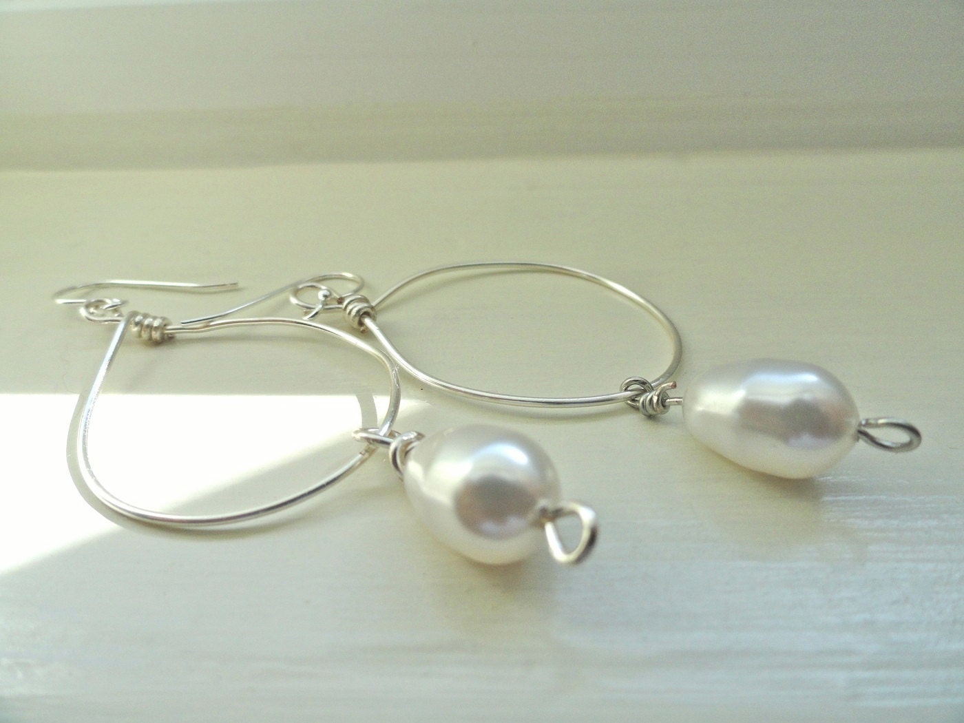 Pearly White Loopy Hoops Swarovski Pearl Earrings with Sterling Silver Ear Wires