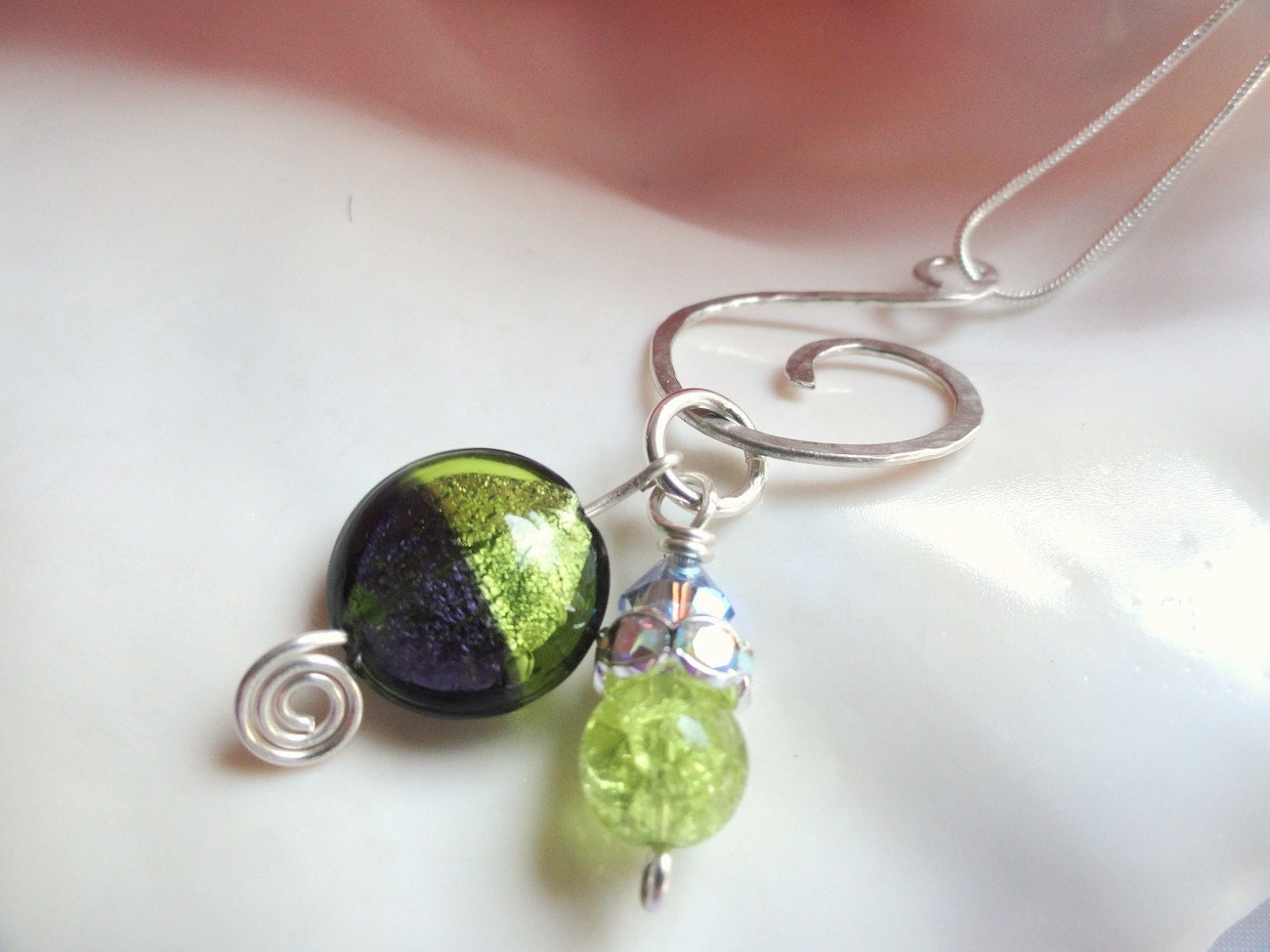 Lime and Grape Venetian Bead Pendant and Silver Ball Chain Necklace
