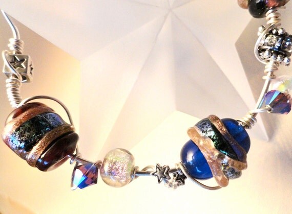 Shooting Stars Royal Blue Kelly Green Cranberry Red Lampwork Bracelet
