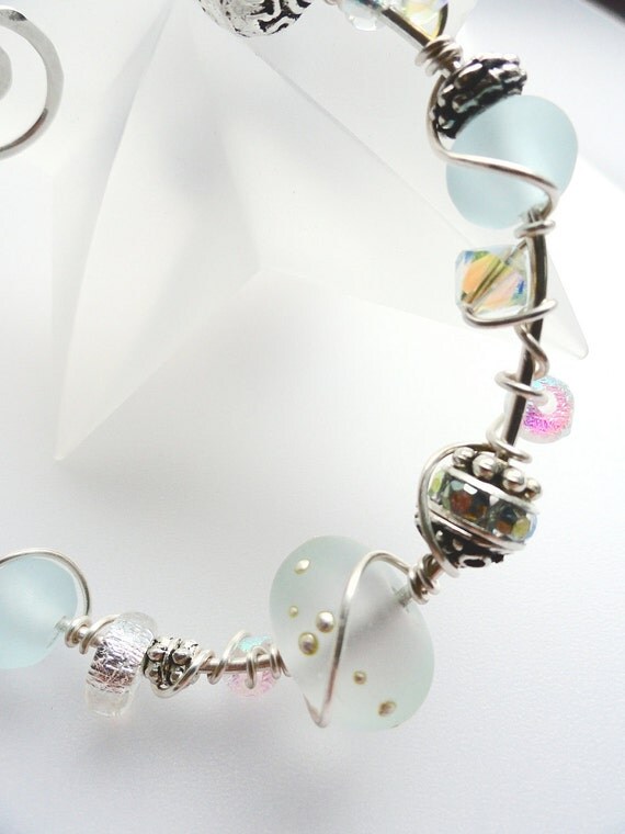 Icy Aqua Artic Blue Lampwork & Dichroic Bead Wire Wrapped Bracelet