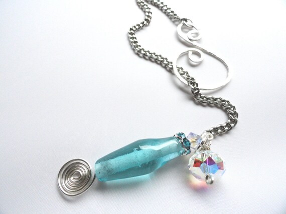 Turquoise Blue Lampwork Bead Swarovski Crystal Lariat Silver Necklace