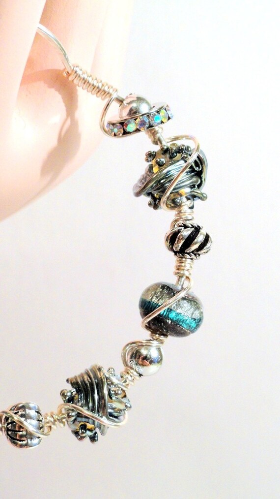 Northern Lights Teal and Silver Lampwork Bead WIre Wrapped Bracelelt