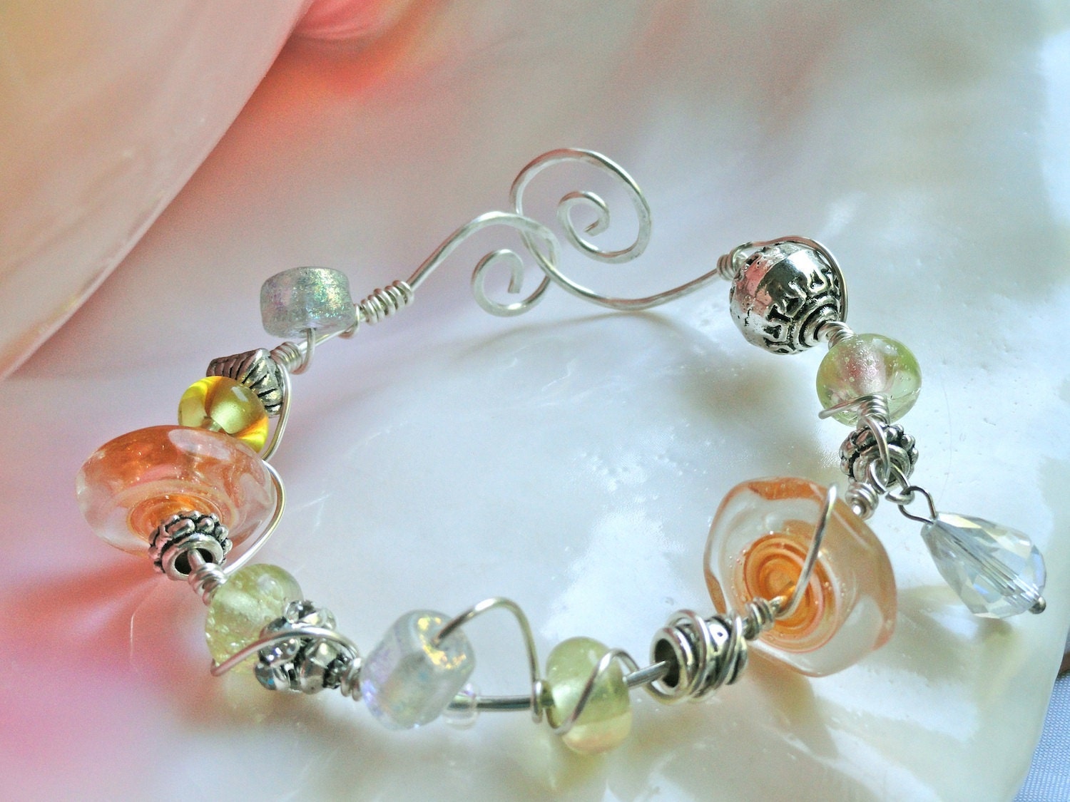Drops of Sunshine Yellow Orange Lampwork and Dichroic Bead Wire Wrapped Bracelet