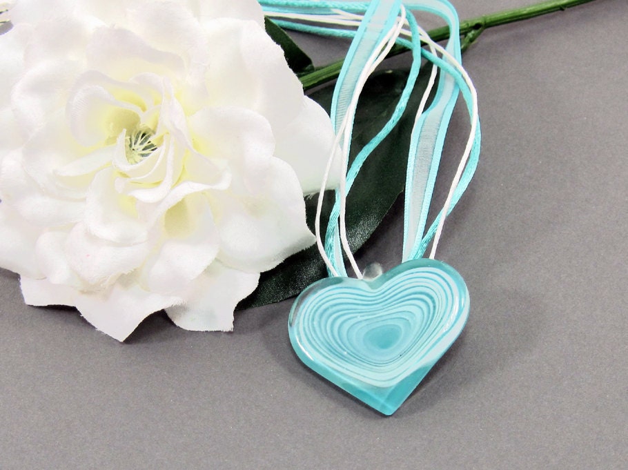 Glass Heart Necklace Aqua and White w Ribbon - Love Grows