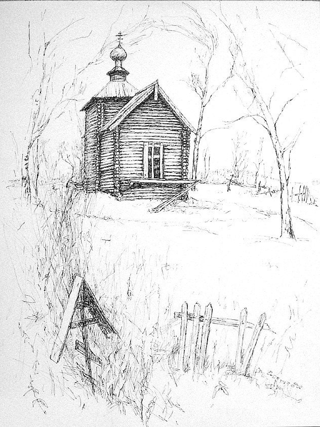 Wooden Russian Church ORIGINAL pen drawing A3 12 x17 inches