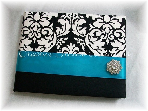 3 4 MM Black and White Damask with Turquoise Wedding Guest Book and Pen