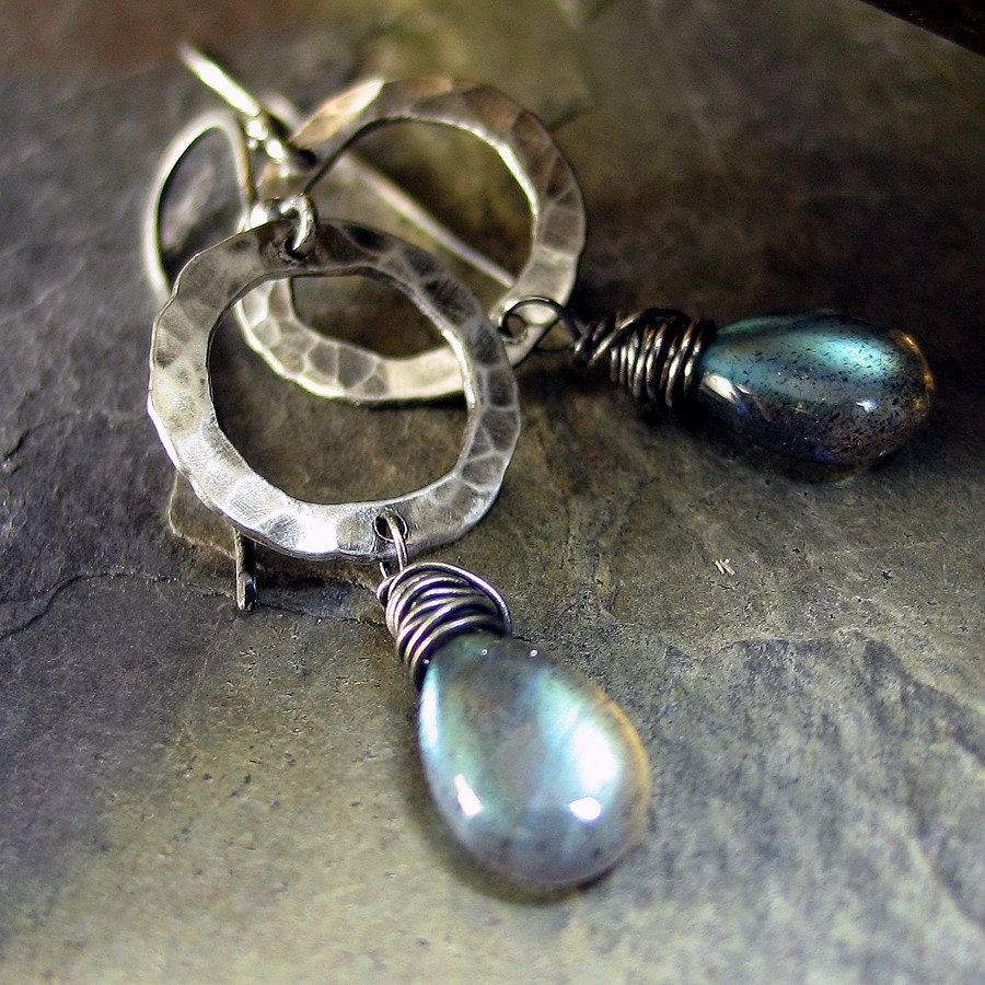 Labradorite Dangle Earrings Sterling Silver Rustic - Tears in the Mist