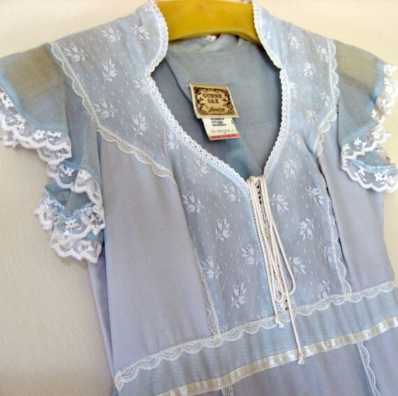 Gunne Sax Blue Dress with Lace and Pearls RARE
