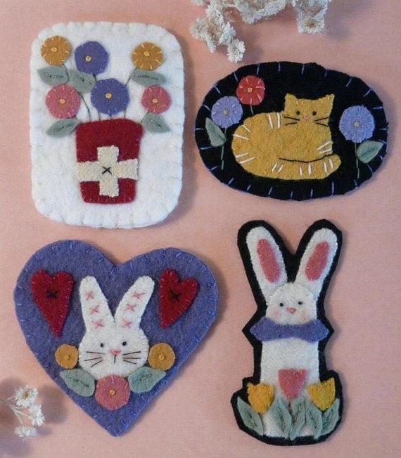 Bunnies, Kitty, and Posies Wool Pins E PATTERN-  rabbit sitting kitty Pdf cat flowers summer spring felt jewelry