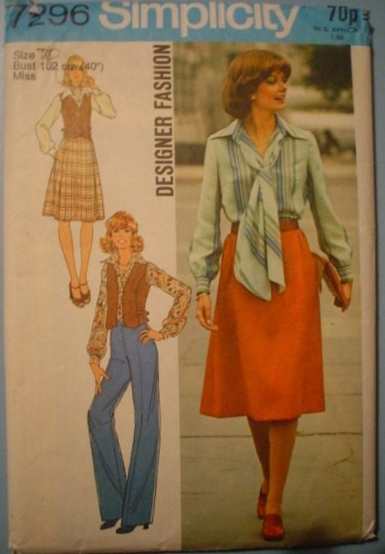 Flares skirt pussy bow blouse etc 70s sewing pattern Simplicity 7296 new