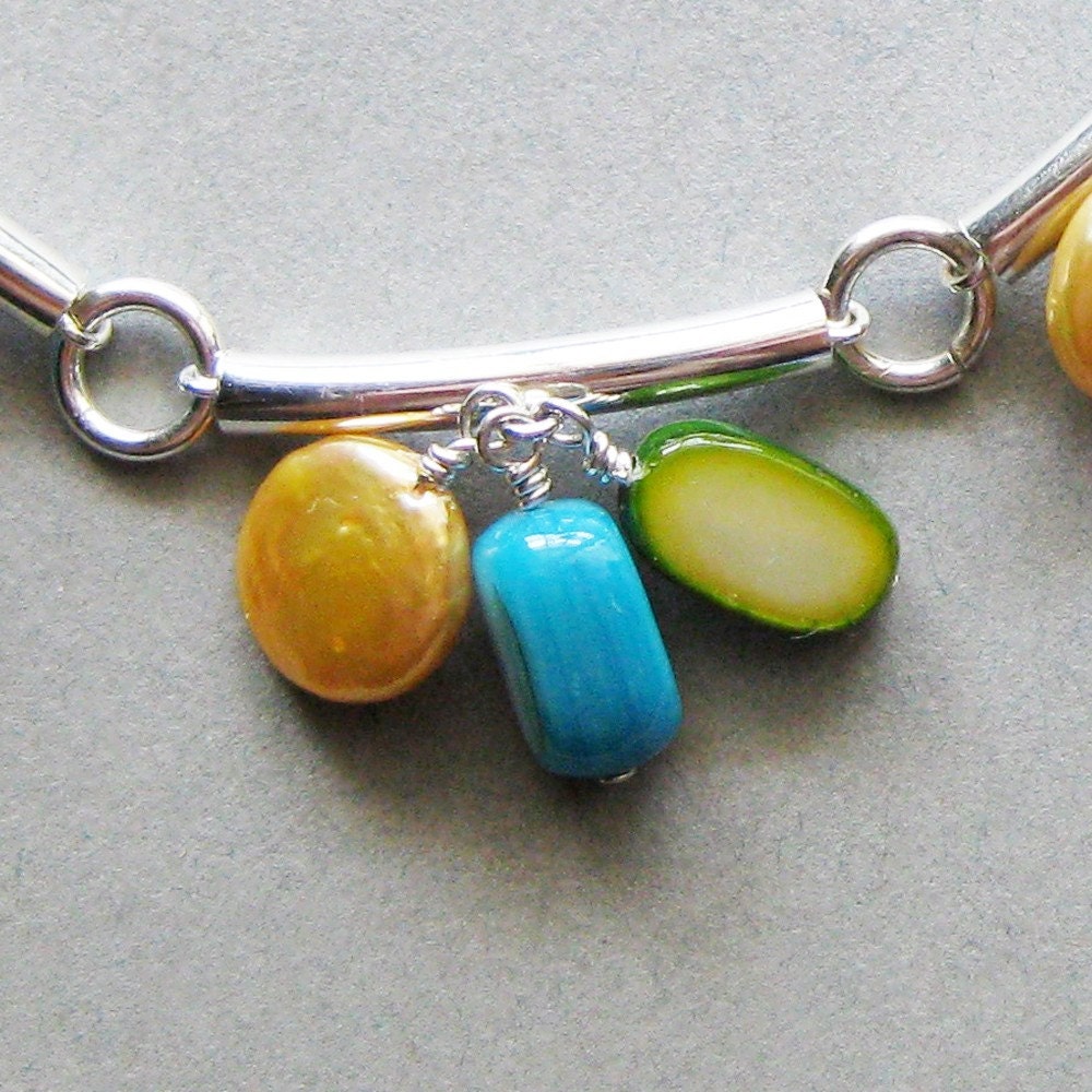 OOAK - Pearl and Mother of Pearl Bangle Bracelet in Summer Sun, Grass and Sky