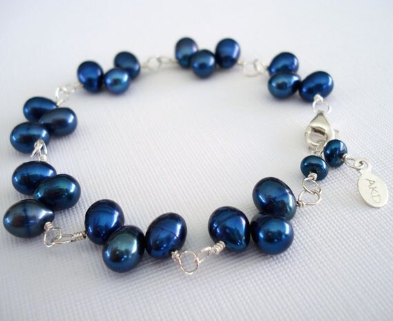 Royal Blue Pearl Bracelet - Blue Fresh Water Pearls, Sterling Silver