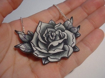 big vintage black and white surreal tattoo rose necklace From wickedminky