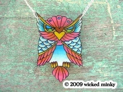 big vintage tattoo lucky pink and blue owl necklace From wickedminky