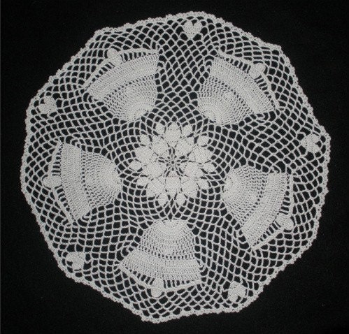 WHITE WEDDING BELLS with HEARTS CROCHETED DOILY CENTERPIECE