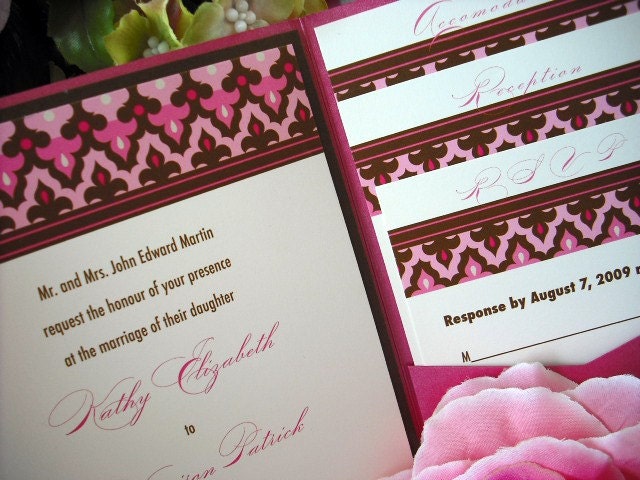 Fleur de Lis Pocket Wedding Invitation Sample in Metallic Fuschia Hot Pink