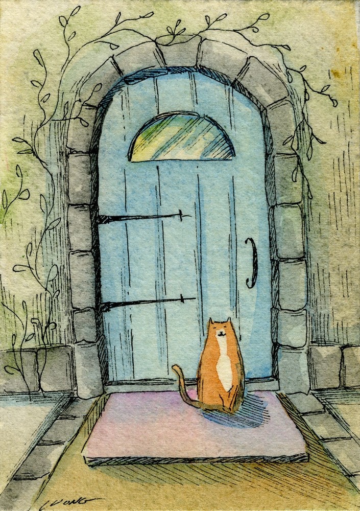 Original ACEO -- Cat at the Door