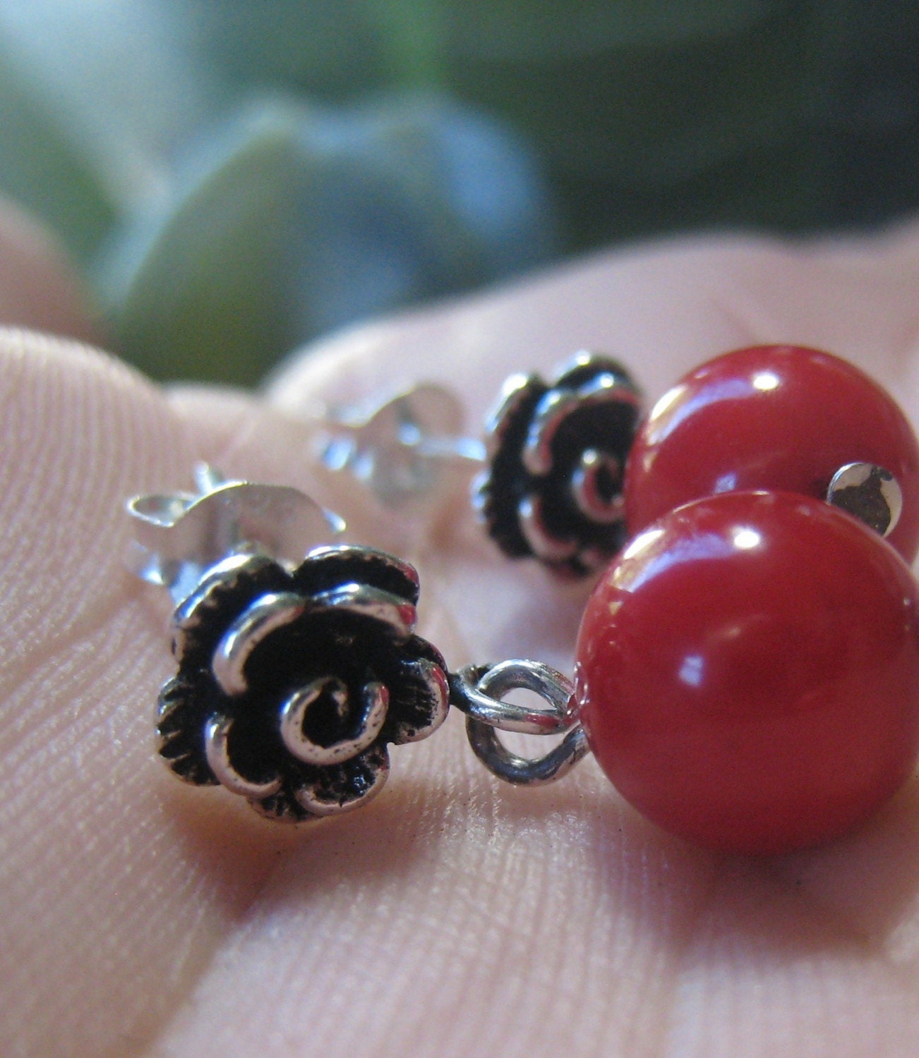 Sterling Silver and Red Coral Rose Earrings - Rose of Sharon - Originally $17.50, now $15