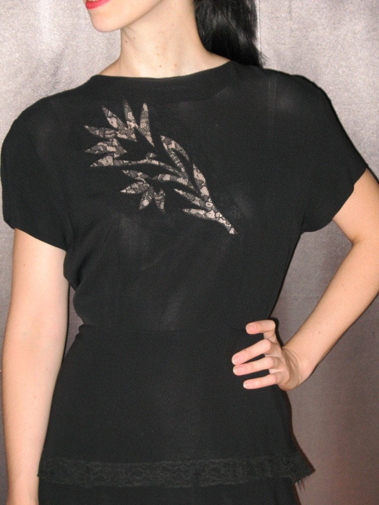HOLIDAY SALE Vintage 1940's Black Rayon Lace Illusion Double Peplum Dress L