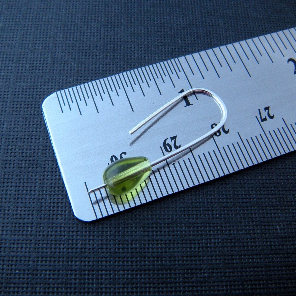 mini modern silver earrings- olivine green teardrop