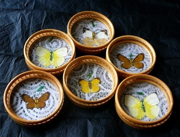 Bamboo/Glass Butterfly Vintage Serving Tray with 6 Butterfly Coasters