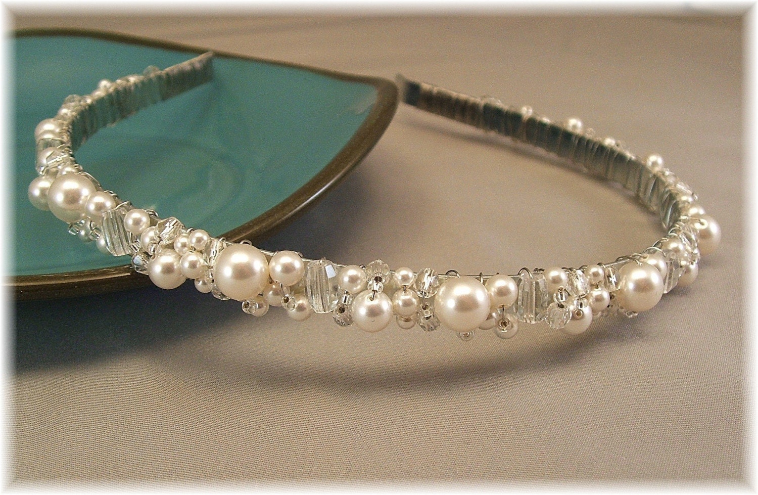 Wedding Hair Accessories, White Pearl and Crystal Tiara  by Handwired