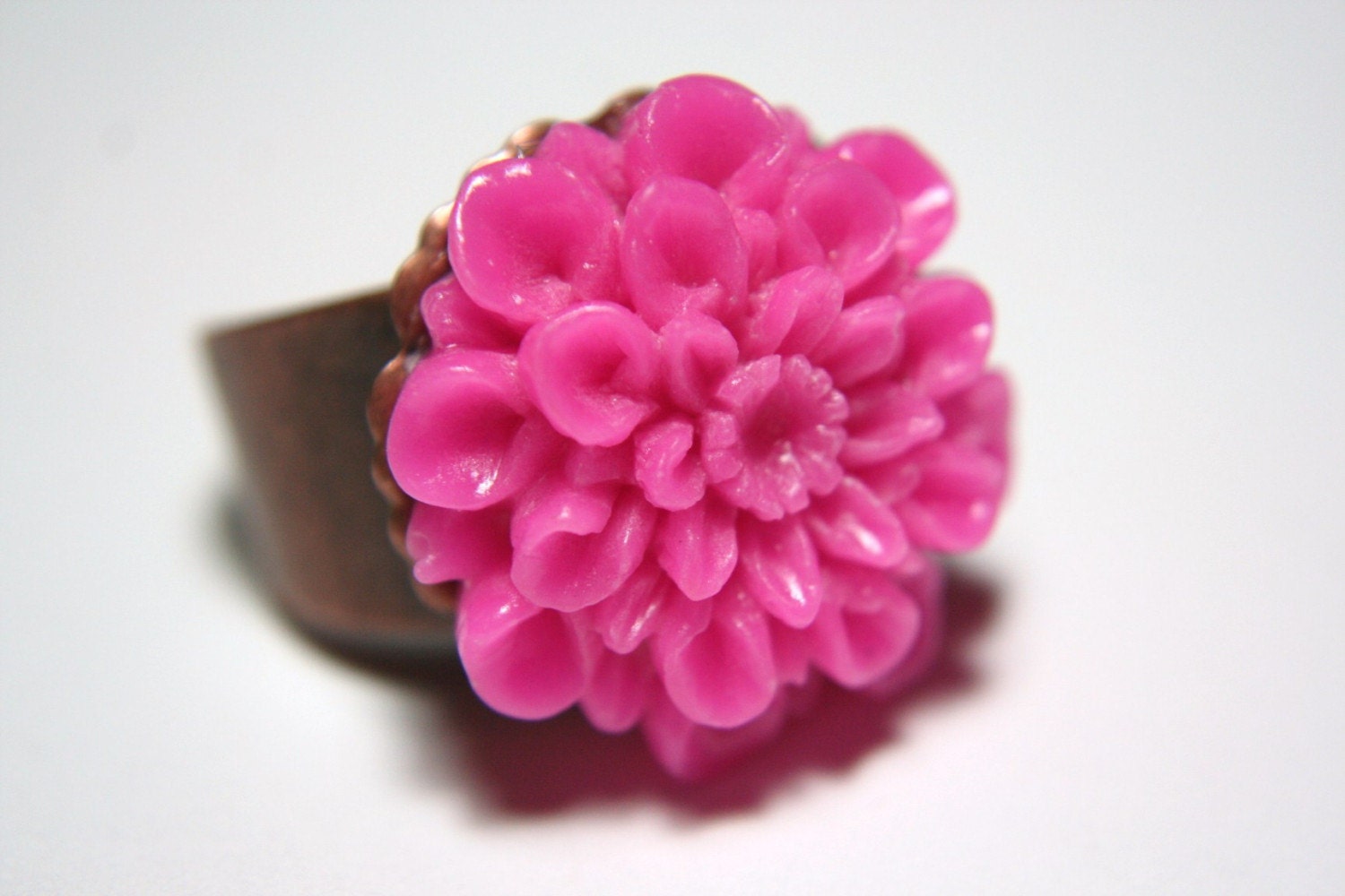 Bright PINK Dahlia Mum Flower Adjustable Copper Plated Brass RING $9.99