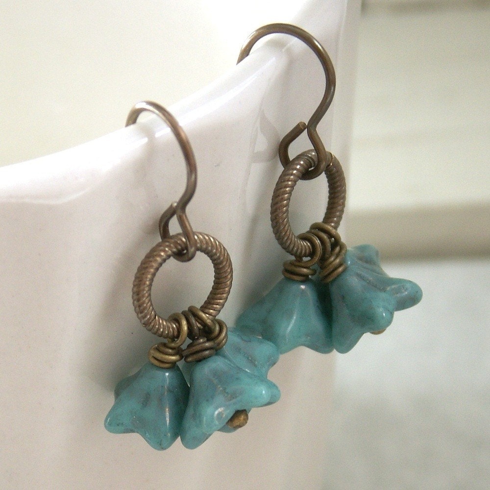 Spring Bouquet  - Turquoise colored Czech Glass Flowers on Antiqued Brass