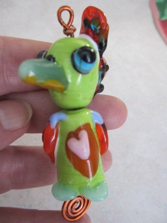 Handmade SRA colorful tropical bird lampwork compound bead in green and orange