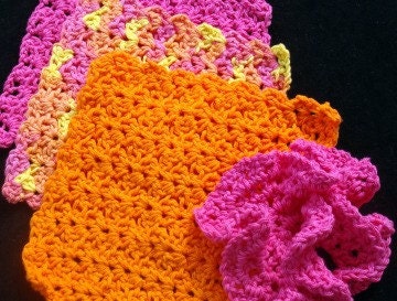 Crochet Washcloth Set -- Hot Colors Washcloths and Anemone Cloth