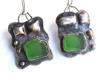 Emerald sea glass and silver earrings hammered rectangular earrings