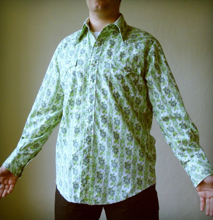 Western style green floral print shirt, Western Fashions, 16-34, large, mens - Vintage clothing by KitschWear on Etsy
