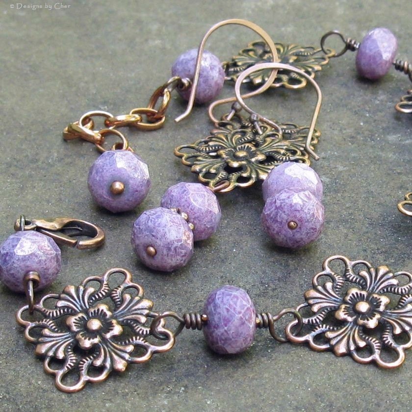 Antique Copper Amethyst Filigree Set, Amethyst Picasso Glass, Floral Filigree... Lavender & Lace