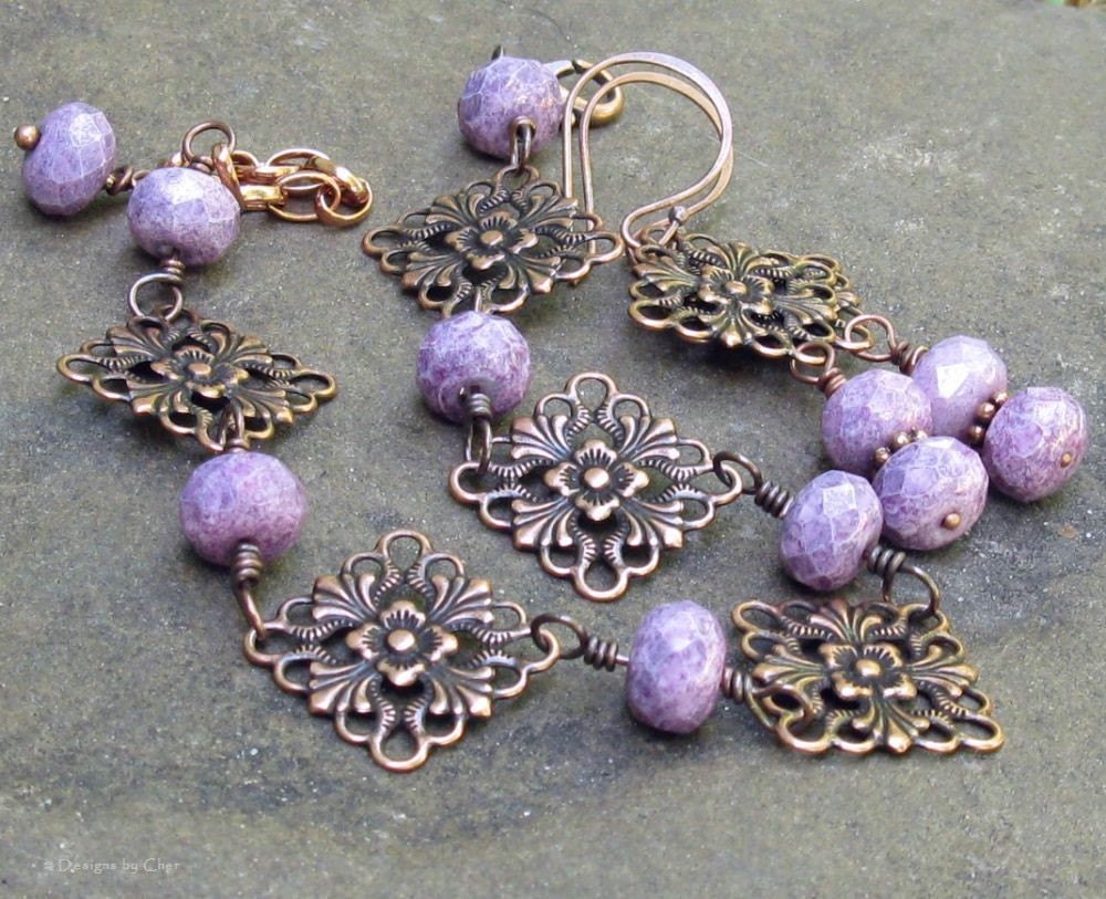 Antique Copper Amethyst Filigree Set, Amethyst Picasso Glass, Floral Filigree... Lavender & Lace