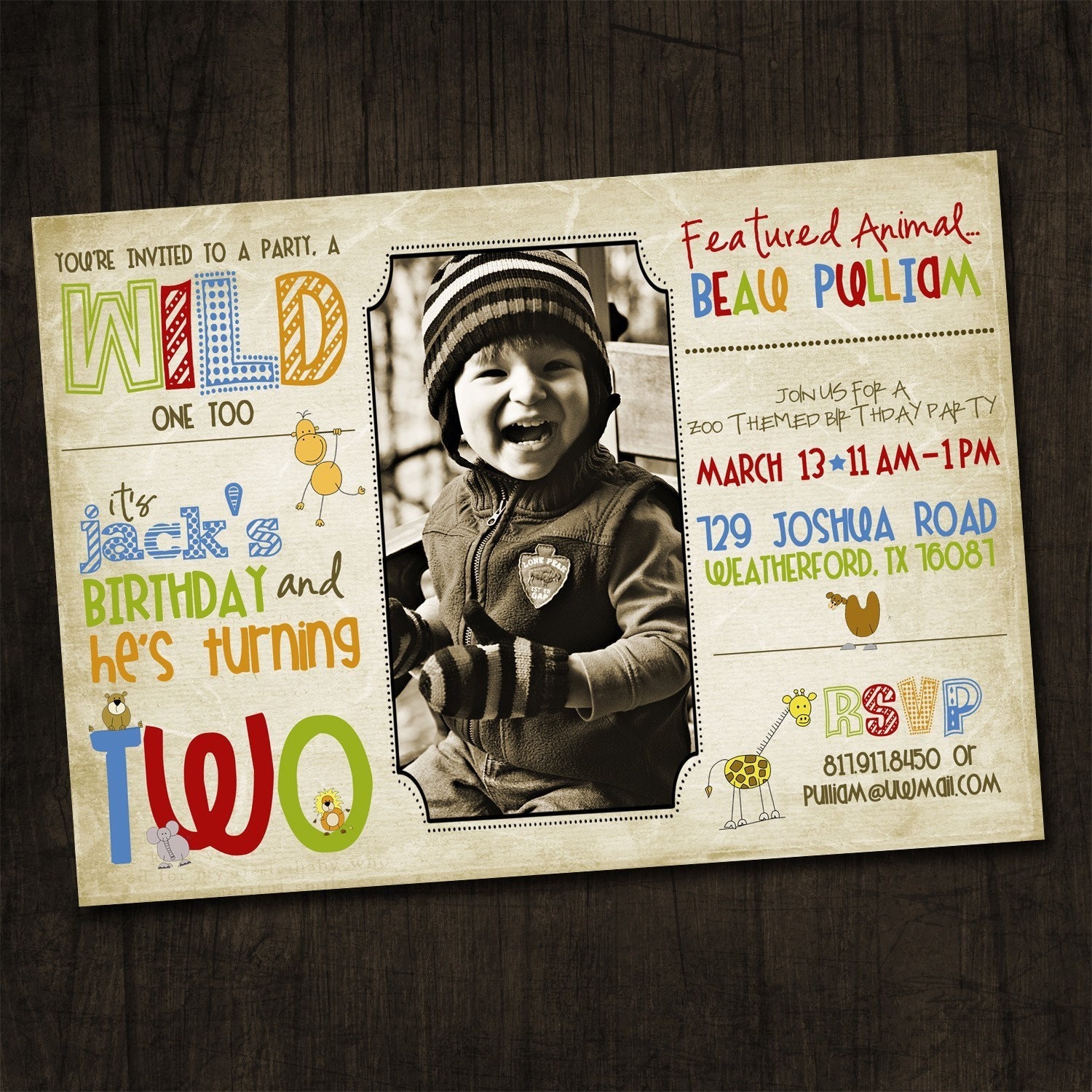 One sided Zoo Birthday Invitation