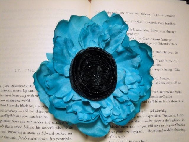 HALF OFF SALE-Boutique Style Soft Blue with Black Satin Hair Clip-exclusively from pink80sgirl