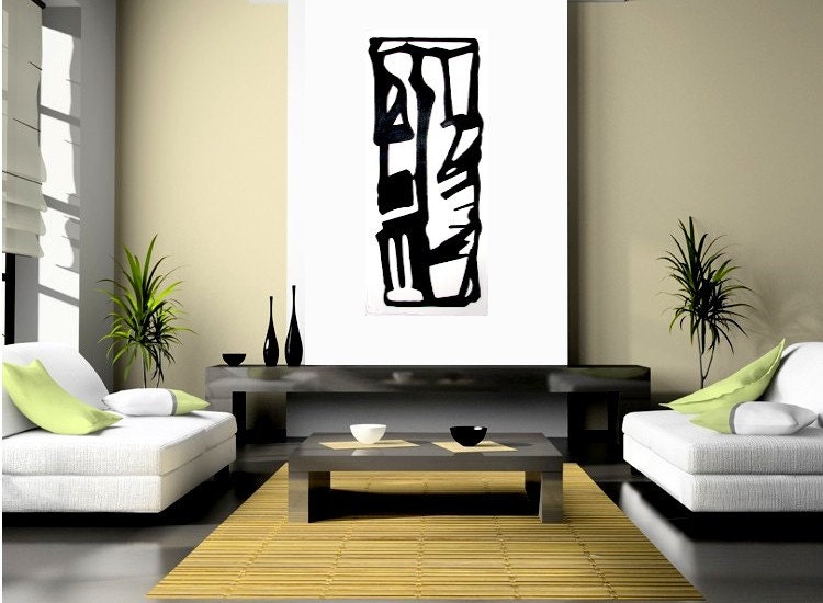 Mid Century Modern Art  Urban Black & White LARGE Graphic Original Oil Painting Tribal Primitive  -  Sacred by Will Wieber