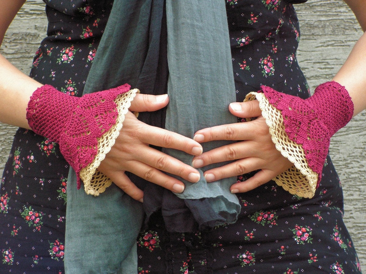 So Cherry So Wild - crocheted open work layered wrist warmers cuffs