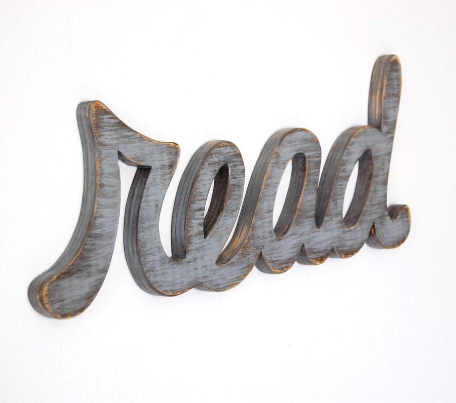 READ Sign wooden wall art cottage decor - word sign - library sign - SLATE GRAY
