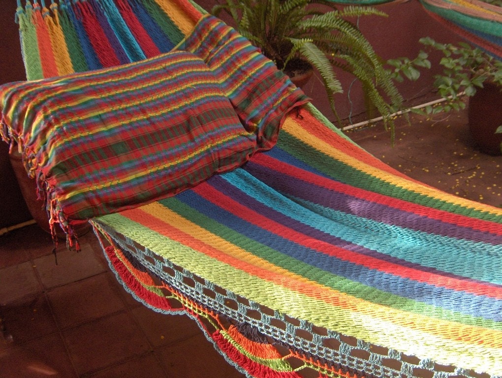 Hammocks, Turquoise Double Hammock hand-woven Natural Cotton, Simple Fringe