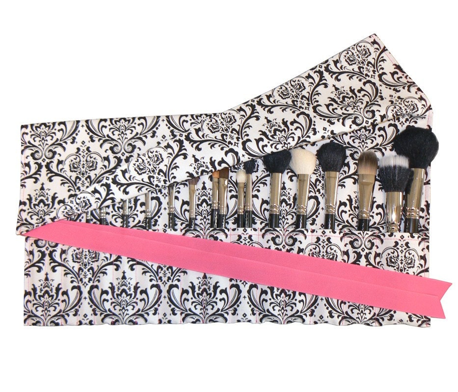 Large Makeup Brush Roll Damask Black/White Hot by asoftblackstar from etsy.com